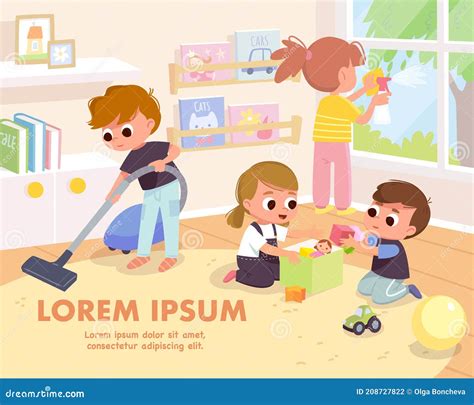 Children Tidy Up Playroom Doing Household Chores. Stock Vector - Illustration of scrub, wash ...