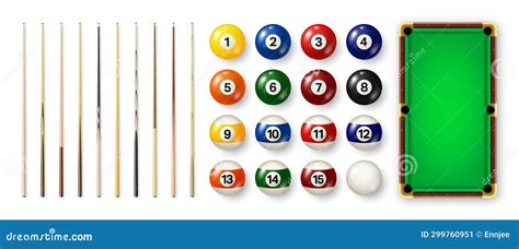 Billiard Balls with Numbers, Various Cues and Green Pool Table. Glossy ...