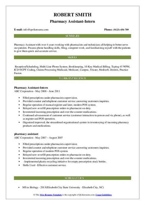 Pharmacy Assistant Resume Samples | QwikResume