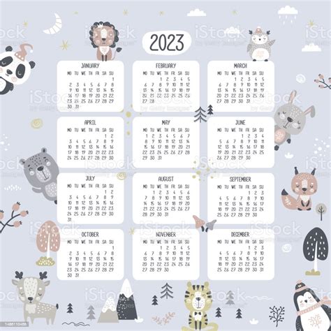 Calendar 2023 With Cute Doodle Animals In Scandinavian Style Calendar ...