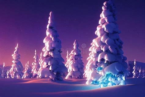 Winter Christmas Landscape. Magical Fairy Light. Christmas Tree. Winter Starry Sky Stock ...