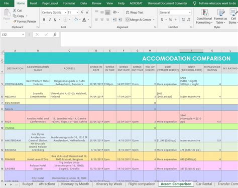 Hotel Research Comparison Travel Planner Excel Spreadsheets Accomodation Vacation Trip Holiday ...