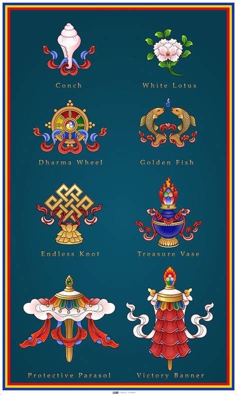 Tashi Tagye: The eight auspicious signs. This symbols is very popular in Buddhism and you will ...