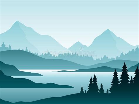 Forest foggy landscape flat vector illustration. Nature scenery with fir trees and hill pea ...