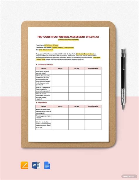 Pre-Construction Risk Assessment Checklist Template in Pages, Word ...