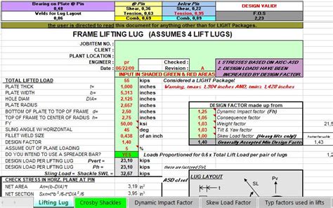 Frame Lifting Lug Design And Calculation Spreadsheet