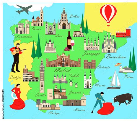 Spain travel map with sights flat style vector illustration. Popular ...