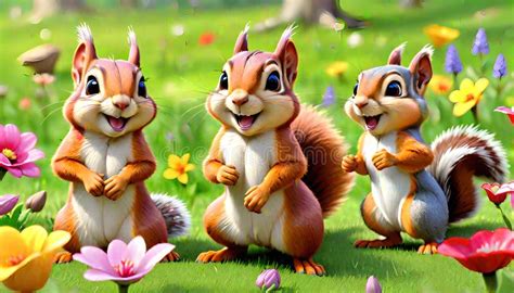 Chipmunk Family Flowers Green Grass Funny Stock Illustration - Illustration of children, family ...