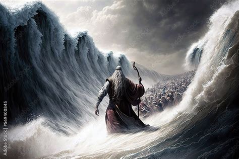 An epic depiction of the Book of Exodus, showing the Israelites crossing the Red Sea with Moses ...