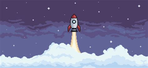 Pixel art background with rocket flying in night sky with clouds background vector for 8bit game ...