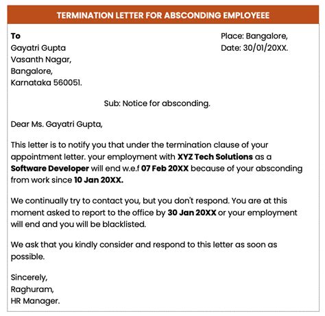 Absconding Employee Termination Letter - Infoupdate.org