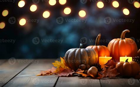 Autumn pumpkin with candles, maple leaves and pine cone on dark bokeh lights blue background ...