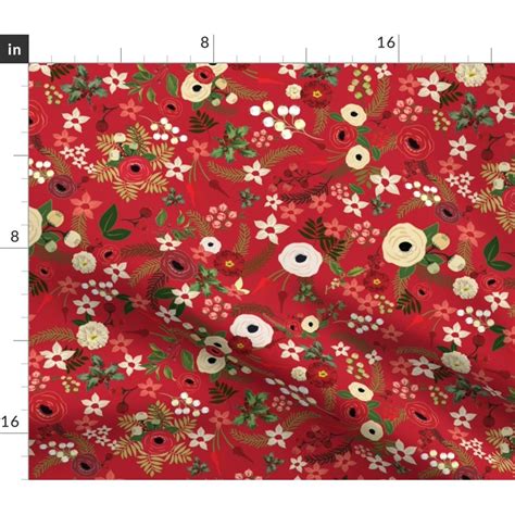 Red Christmas Floral Holiday Decor Vintage Fabric Printed by Spoonflower BTY - Walmart.com ...