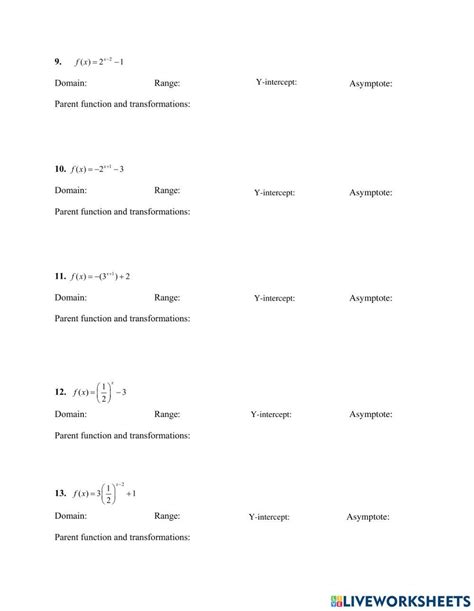 Exponential Function Transformations Worksheets