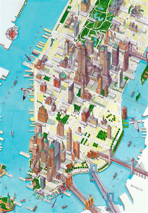 Large detailed panoramic drawing map of Lower Manhattan, NYC | New York | USA (United States of ...