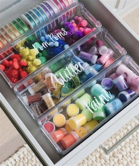 Organized Craft Drawers with Colorful Crayons