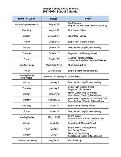 Orange County Public Schools Calendar 2023-2024 Holidays