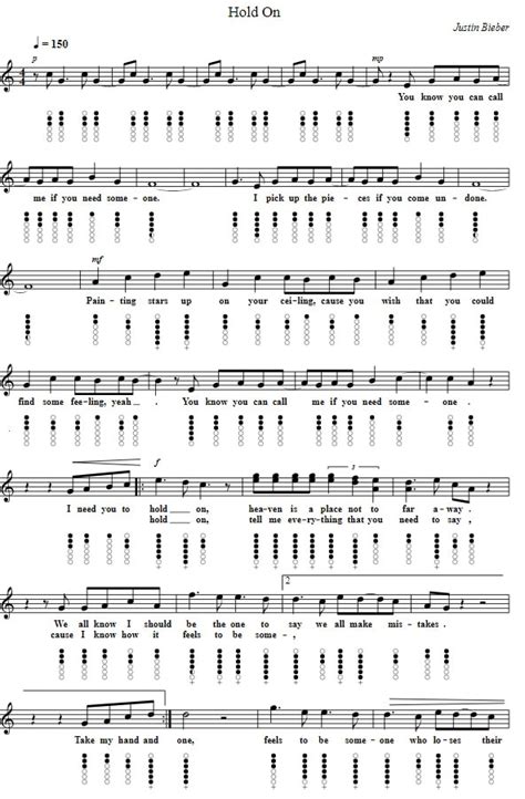 Hold On Justin Bieber Sheet Music And Tin Whistle Notes - Irish folk songs