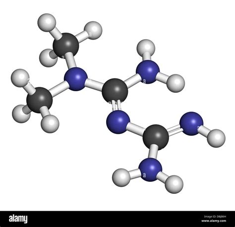 Metformin diabetes drug (biguanide class), chemical structure. Atoms are represented as spheres ...