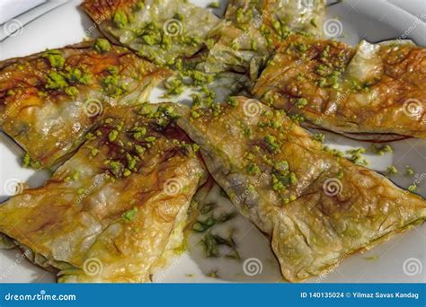 Traditional Turkish Dessert Katmer with Pistachio in Plate Stock Photo - Image of nuts ...