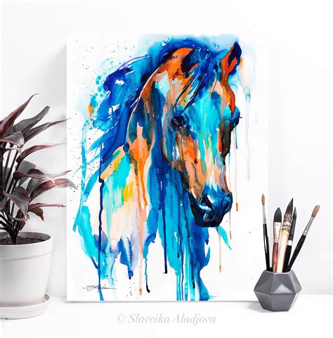 Blue Horse Watercolor Painting Print by Slaveika Aladjova - Etsy