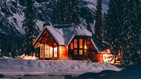 Winter cabin, winter, night, wooden, lights, snow, beautiful, evening ...