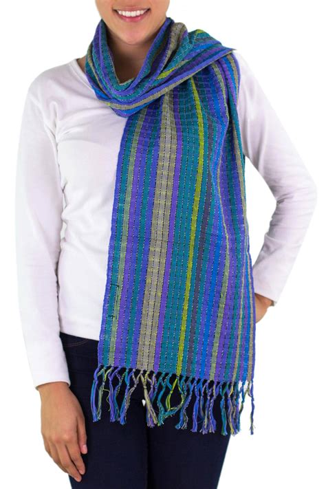 Hand Woven Cotton Scarf in Blues and Lilacs from Guatemala - Valley of Lavender | NOVICA