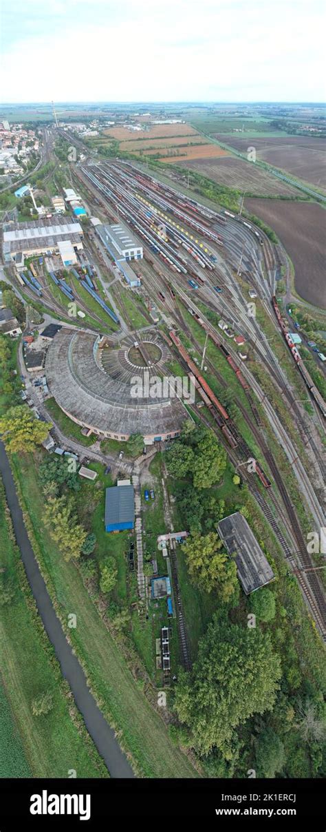 Railway turntable for locomotives aerial panorama landscape view,Nymburk trainstation,Europe ...