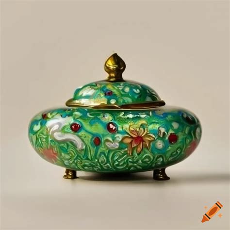 Closeup of a hand-painted green cloisonné candy dish