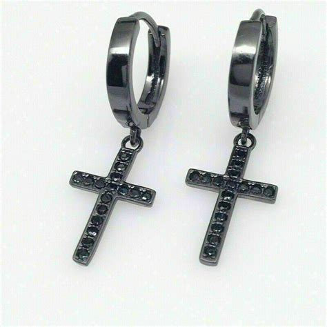 1.40Ct Round Cut Black Diamond Men's Cross Hoop Earrings 14K Black Gold Finish - Diamond