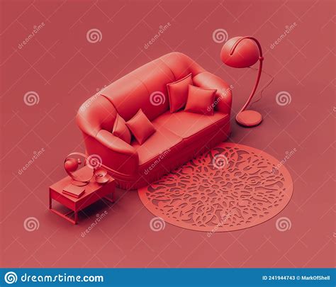 Isometric Monochrome Single Red Color Interior Living Room with Sofa ...