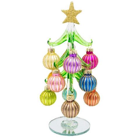 Miniature Glass 8" Christmas Tree Green with Pastel Ridged Ornaments