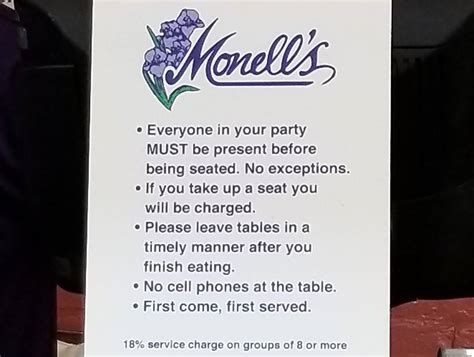 Menu at Monell's restaurant, Nashville, 6th Ave N