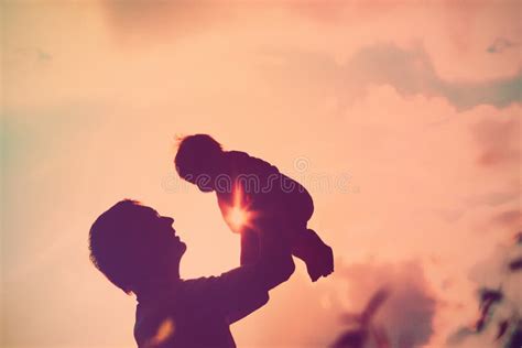 Silhouettes of Father and Son Hiking in Mountains at Sunset Stock Image - Image of people ...