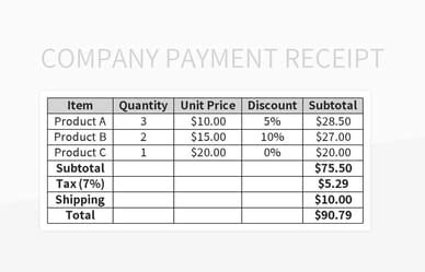 Company Payment Receipt Excel Template And Google Sheets File For Free Download - Slidesdocs