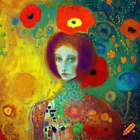 Colorful abstract art with yellow poppies, woman, and horse in a ...