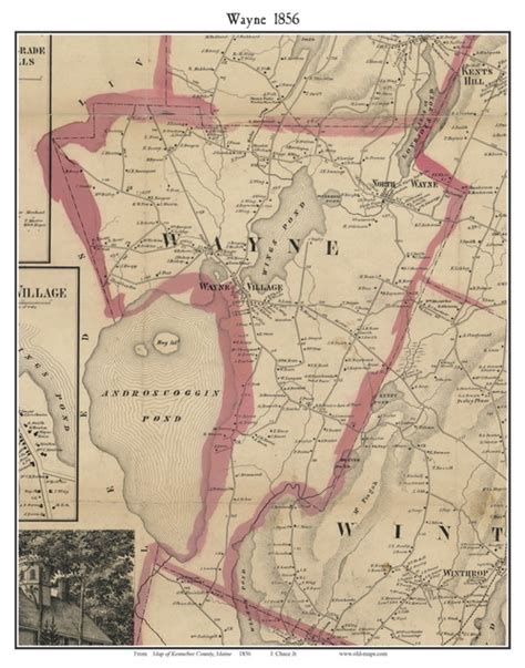 Wayne, Maine 1856 Old Town Map Custom Print - Kennebec Co. | Town map ...