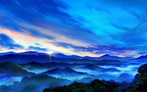 Anime, Mountain, Landscape, Sunrise, Scenery, 4K, #96 Wallpaper PC Desktop