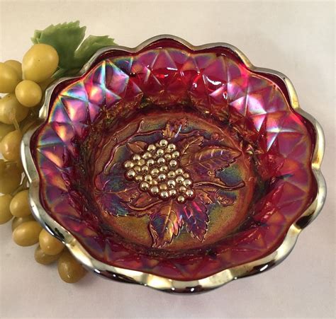 Beautiful Vintage Fenton Ruby Red Carnival Glass Bowl w Fruit Design and Scalloped Edge ...