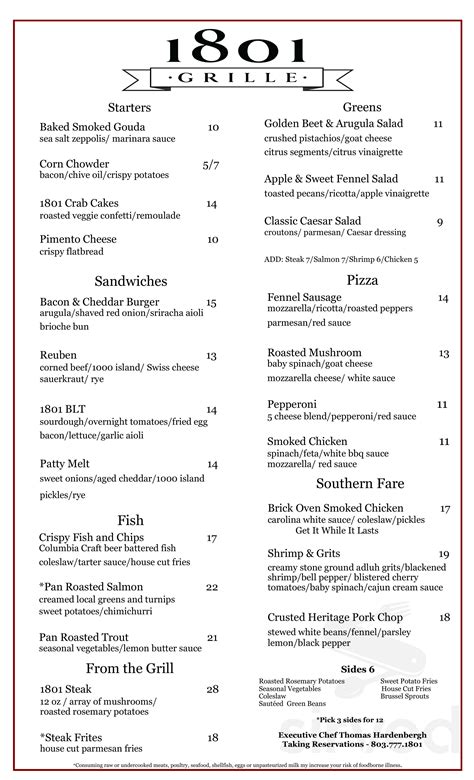 1801 Grille menu in Columbia, South Carolina, USA