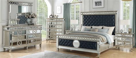 Brooklyn 5Pc Bedroom Set in Mirror & Navy Leatherette