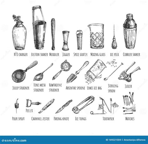 Set Bartender Equipment and Tools Stock Vector - Illustration of drawn, cobler: 169221504