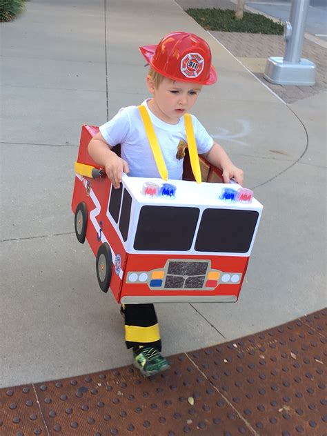 Toddler preschool boy fireman fire truck Halloween costume cardboard ...