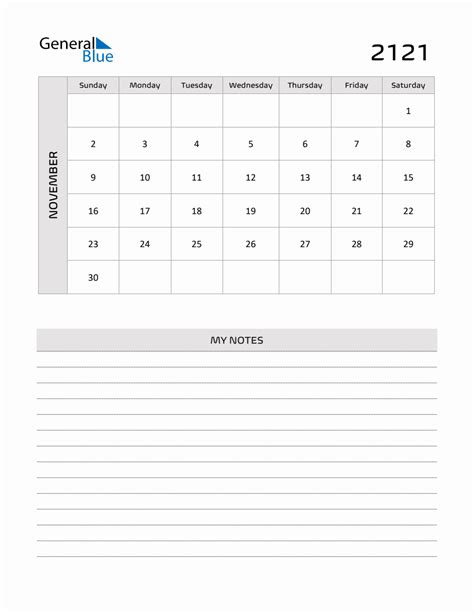 November 2121 Printable Monthly Calendar with Notes