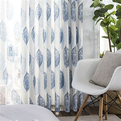 Navy Blue Leaf Country Scandinavian Nordic Living Room Curtains With Sheer | Curtains living ...