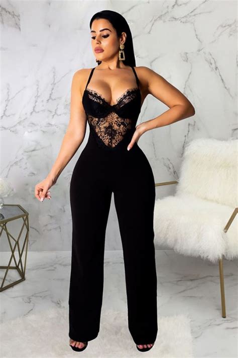 Black Spaghetti Strap Jumpsuit with Lace and Bodocon