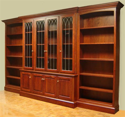 Cherry Bookcase with Leaded Glass Doors and open side bookcases | Bookcase with glass doors ...