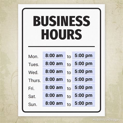 Business Hours Printable Sign, Editable