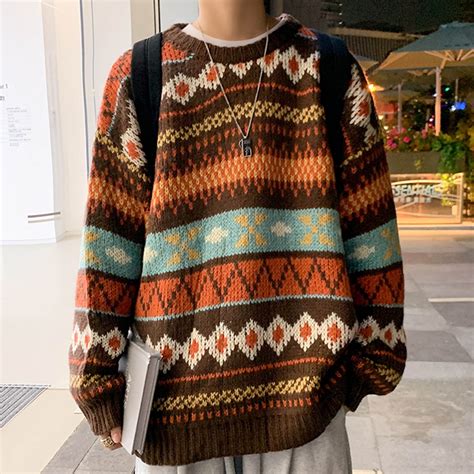 fartey Men's Vintage Grandpa Sweaters Oversized Striped Aztec Pattern ...