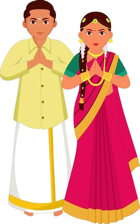 South Indian Wedding Couple Greeting Namaste In Traditional Dress Of Tamil Nadu. 24144085 Vector ...